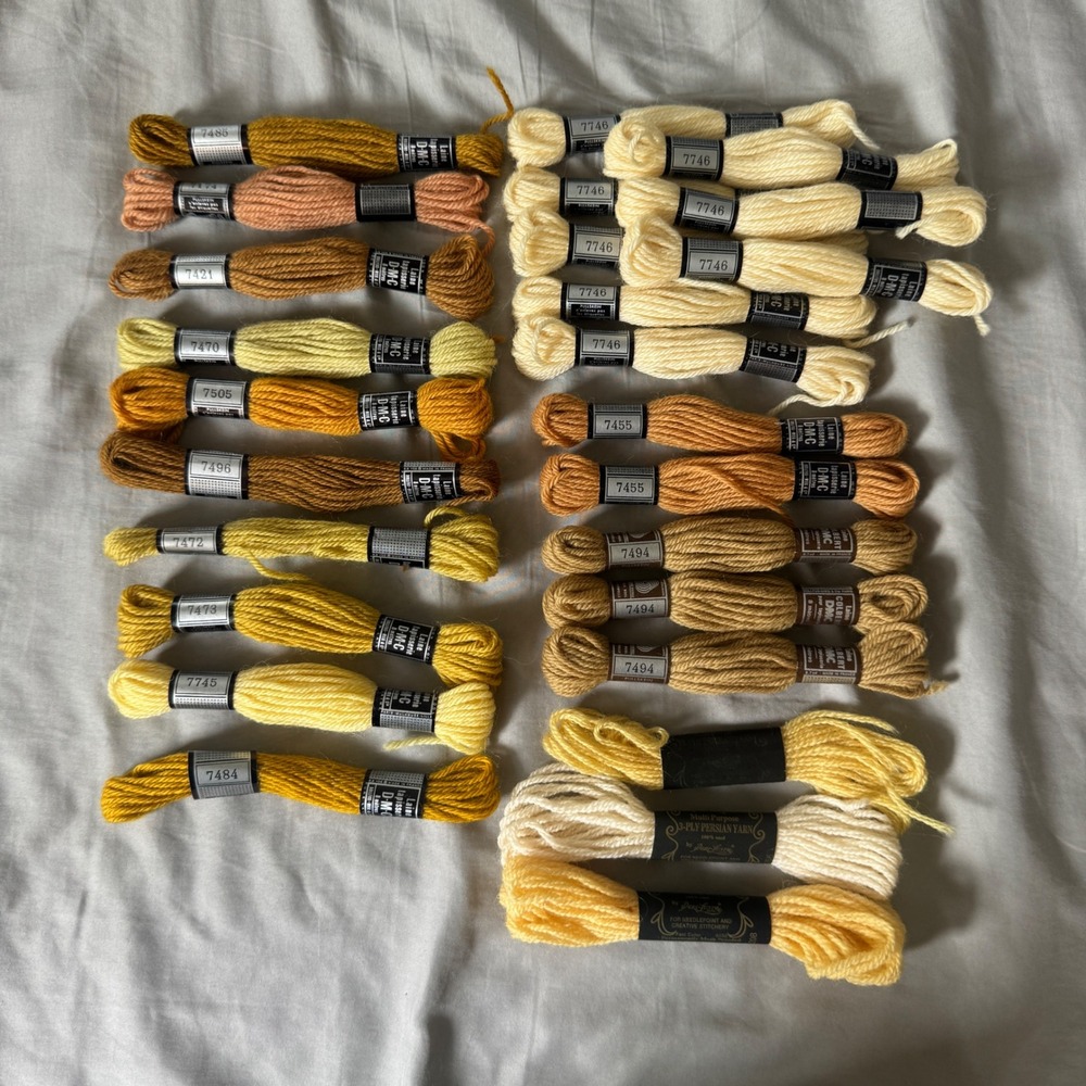 DMC Laine Tapisserie Wool & Phat-Lustre Persian Yarn Lot‎ Yellow Tan Brown 26pc